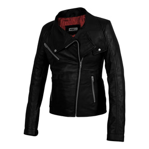 Leather Skin Women Black Belted High Quality Leather Jacket with Red Lining