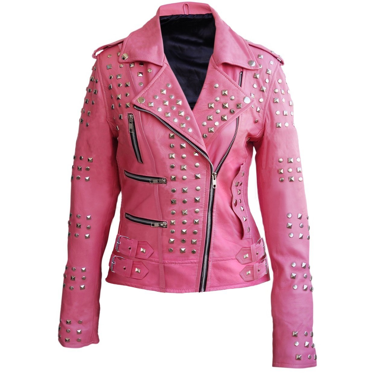 Women Pink Studded Genuine Leather Jacket - Leather Skin Shop
