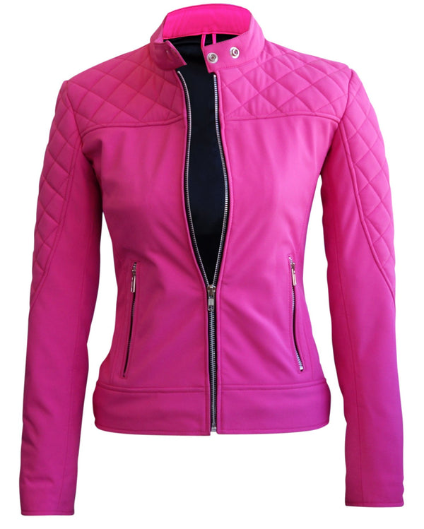 Home / Products / Women Pink Softshell Quilted Jacket with Black Lining