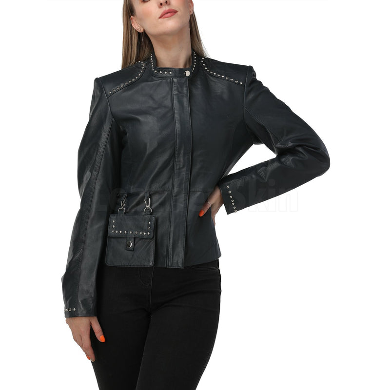 Luna Navy Blue Studded Leather Jacket