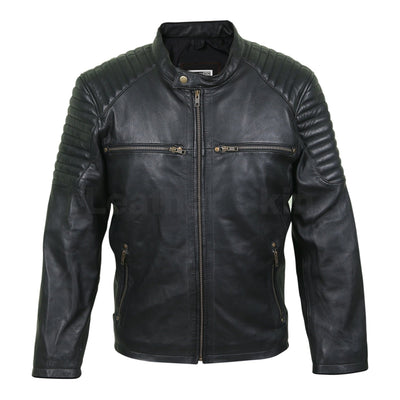 Home / Products / Men Antique Zippers Black Leather Jacket with Padded ...