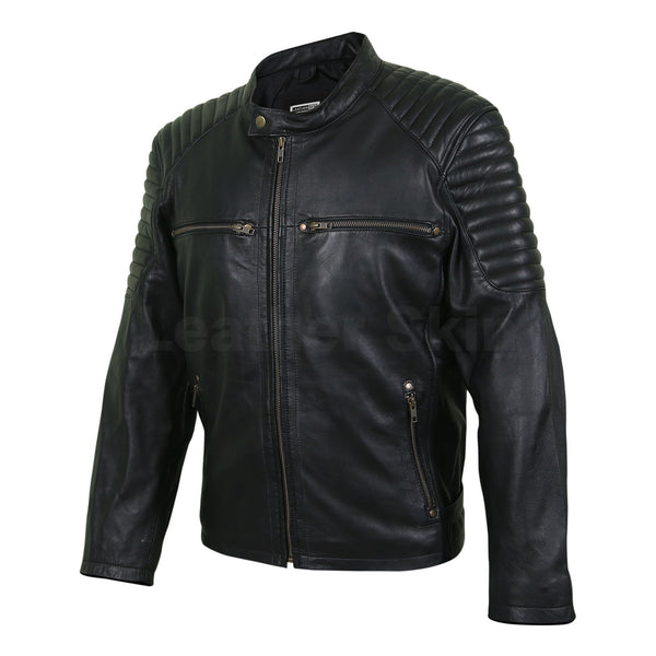 Home / Products / Men Antique Zippers Black Leather Jacket with Padded ...