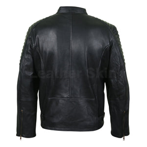 Men Antique Zippers Black Leather Jacket with Padded Shoulders
