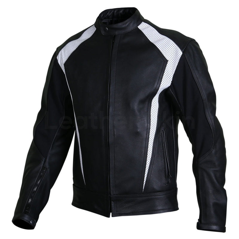 Home / Products / Men Black Biker Motorcycle Leather Jacket with White ...