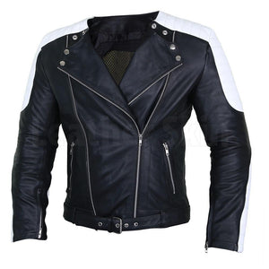 Men Black Brando Belted Biker Motorcycle Authentic Cow Skin Leather Jacket