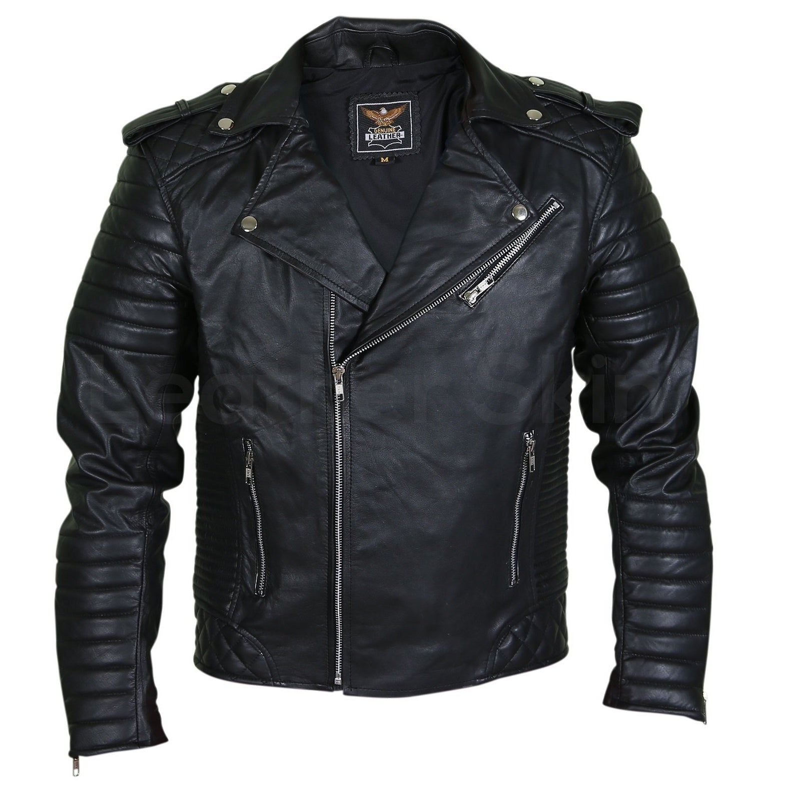 Men Black Brando Motorcycle Leather Jacket with shoulder epaulets