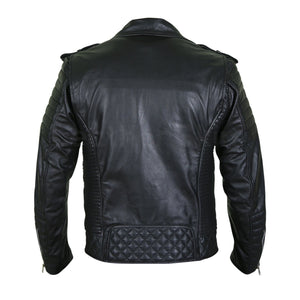 Men Black Brando Motorcycle Leather Jacket with shoulder epaulets and padded sleeves