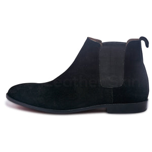 mens black chelsea boots with gray elastic