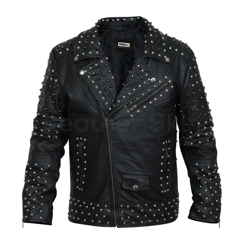 Home / Products / Men Black Cone Spike and Roundhead Studs Leather Jacket
