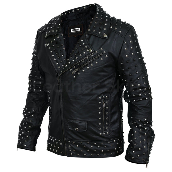 Home / Products / Men Black Cone Spike and Roundhead Studs Leather Jacket