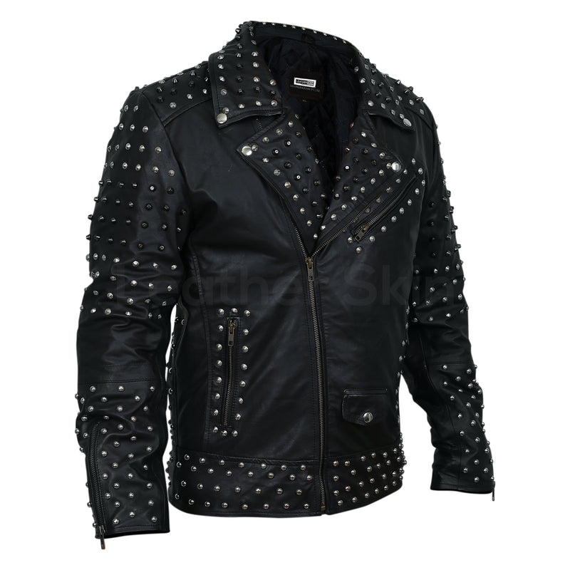 Men Black Cone Spike and Roundhead Studs Leather Jacket