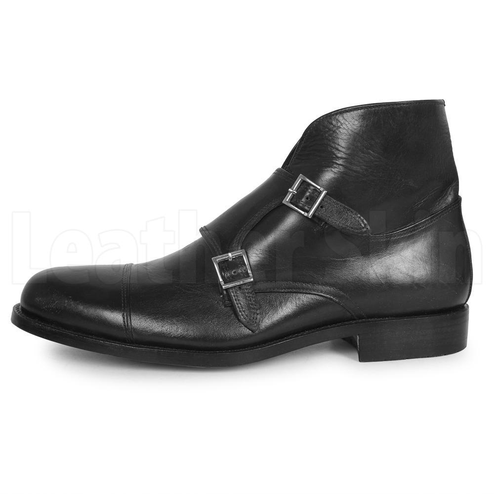 Men Black Double Monk Chukka Genuine Leather Boots Leather Skin Shop