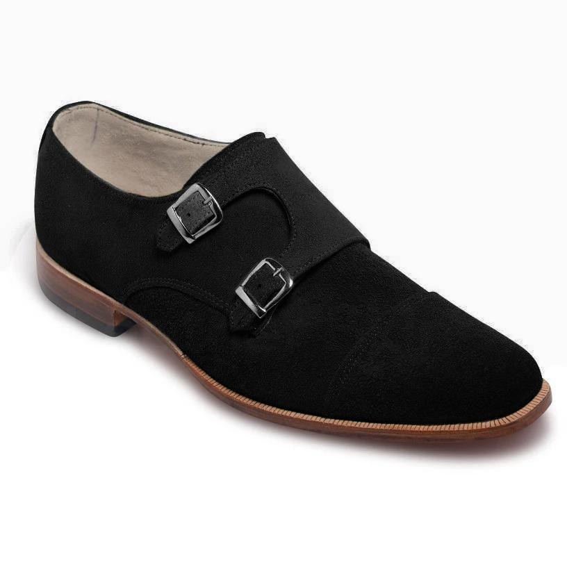 black suede dress shoes mens Men Black Double Monk Suede Leather Shoes