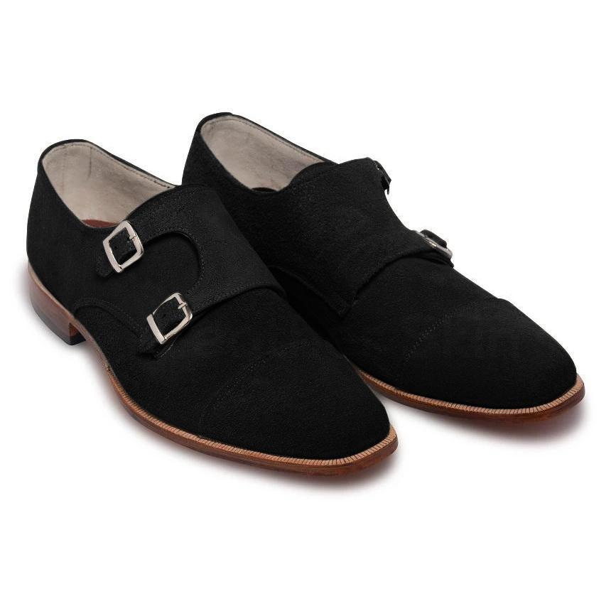Men Black Double Monk Suede Leather Shoes - Leather Skin Shop Men Black Double Monk Suede Leather Shoes - Leather Skin Shop