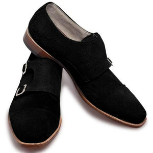 Men Black Double Monk Suede Leather Shoes