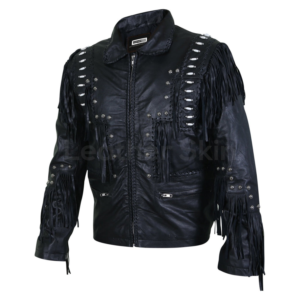 Men Black Fringes White Beads Leather Jacket with Round Studs