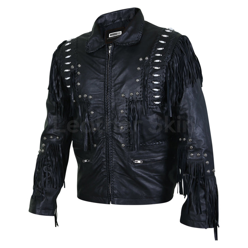 Home / Products / Men Black Fringes White Beads Leather Jacket with ...