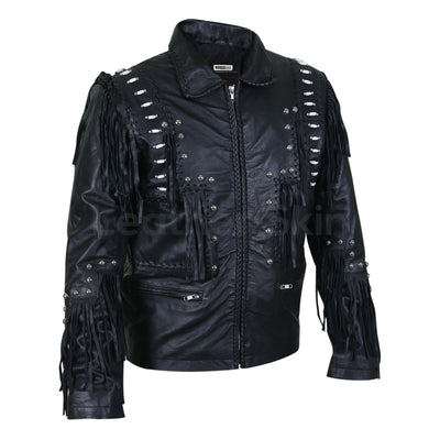 Men Black Fringes White Beads Leather Jacket with Round Studs