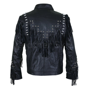 black leather jacket with white beads mens
