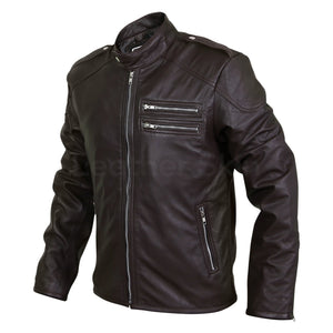 mens black genuine leather jacket with dual chest pockets