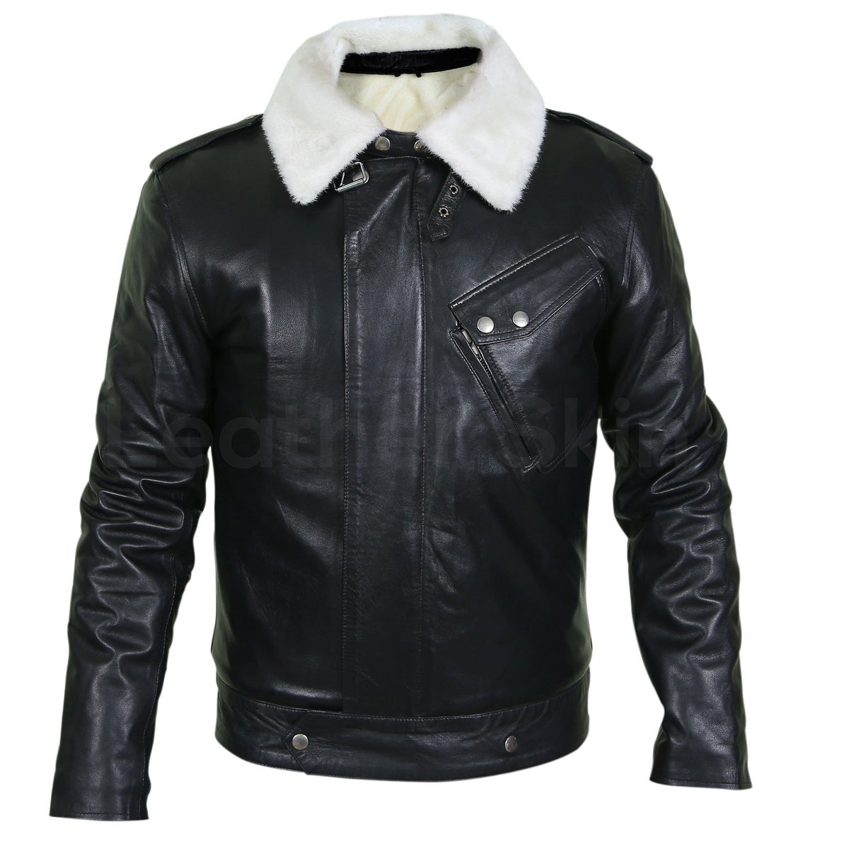 Men Black Genuine Leather Jacket with White Fur Collar - Leather