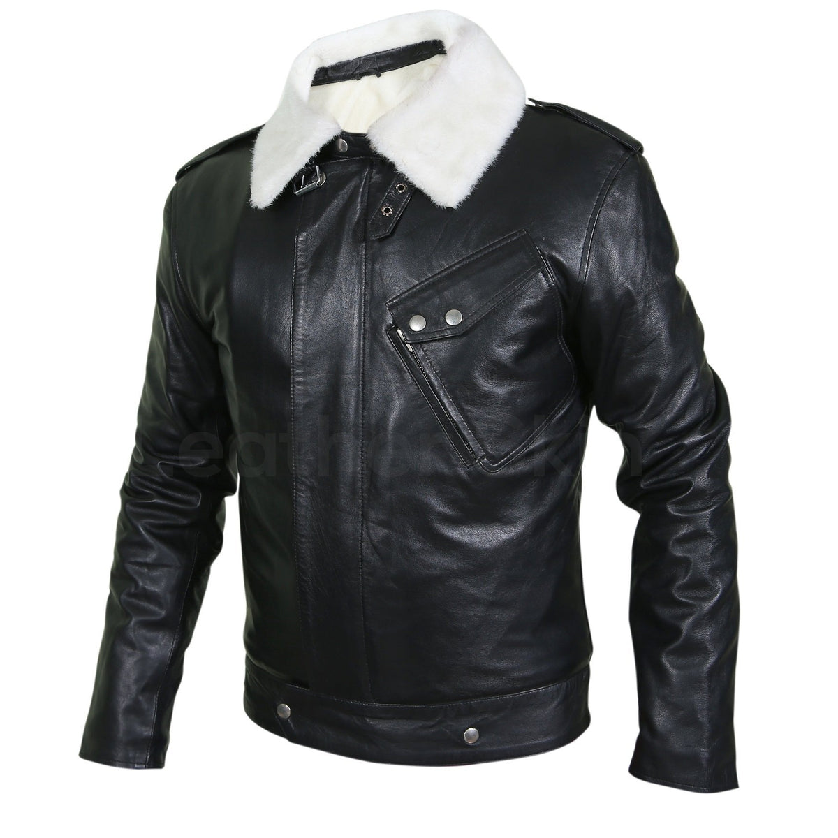 Women's White & Black Leather Jacket with Black & White Star  Sheepskin Leather