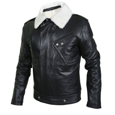 Home / Products / Men Black Genuine Leather Jacket with White Fur Collar