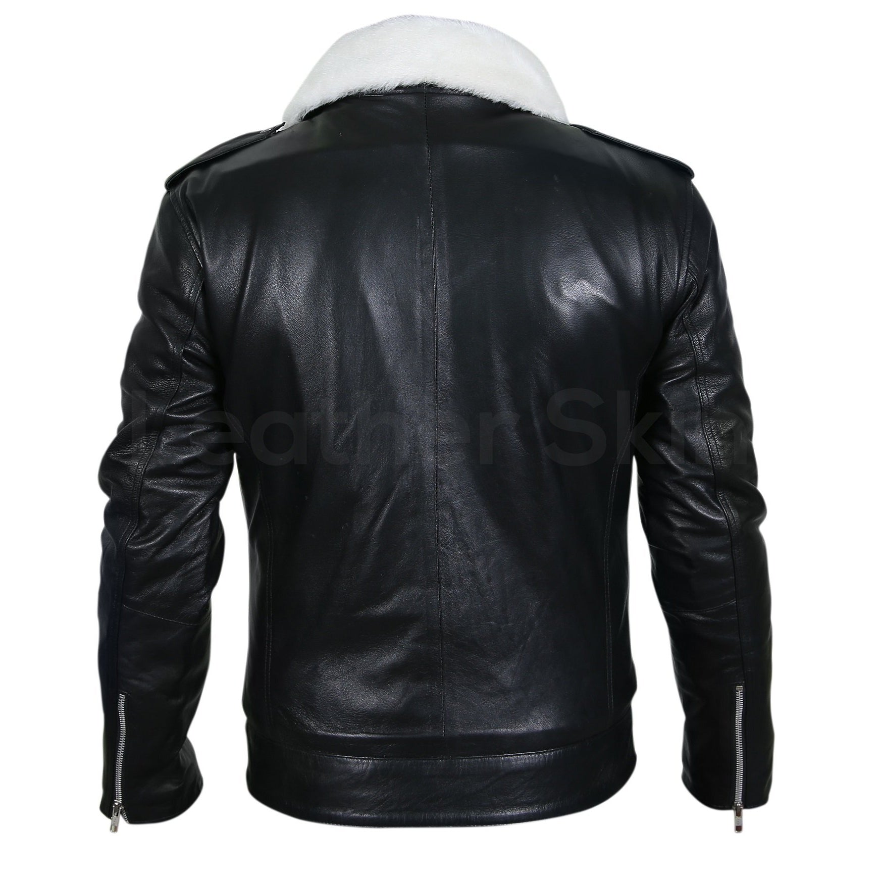 Home / Products / Men Black Genuine Leather Jacket with White Fur Collar