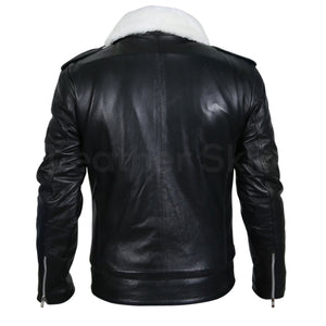 Men Black Genuine Leather Jacket with White Fur Collar