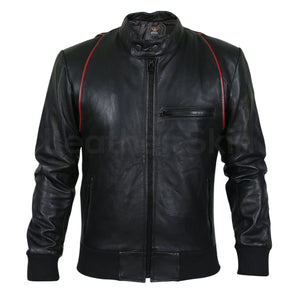 mens black jacket with red stripes
