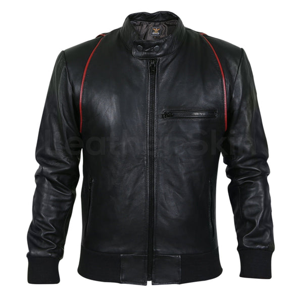 Home / Products / Men Black Genuine Leather jacket with Red Stripe Design