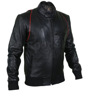 black leather jacket mens stripes in red