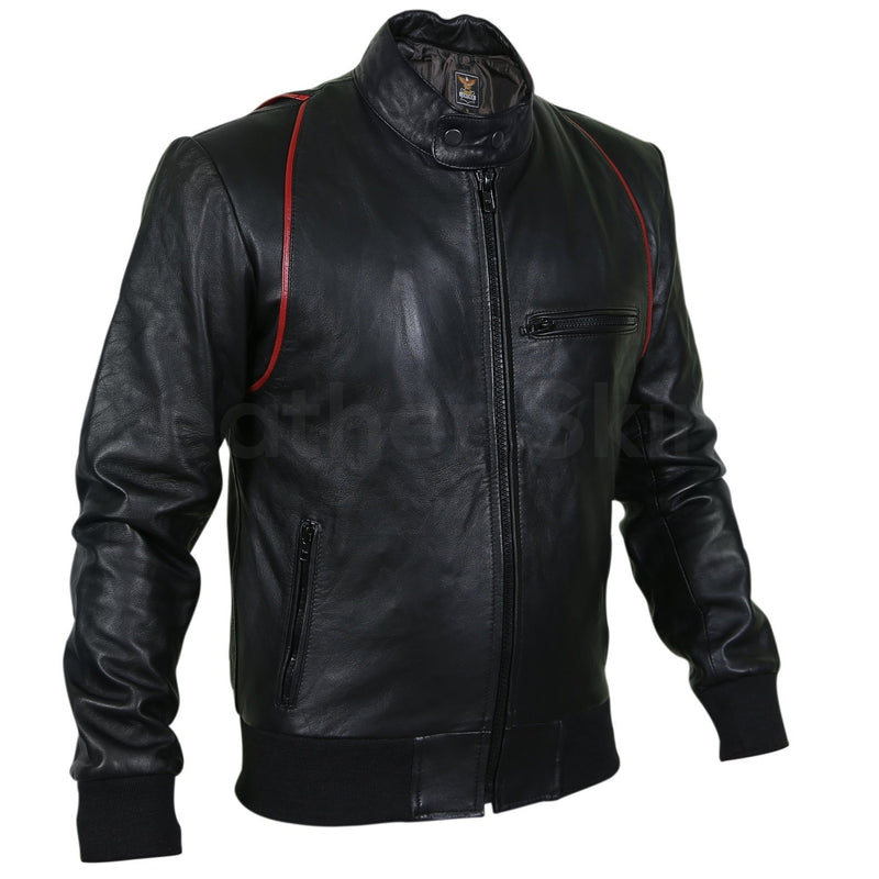 Home / Products / Men Black Genuine Leather jacket with Red Stripe Design