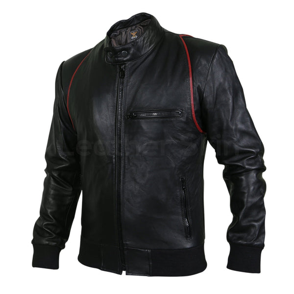 Men Black Genuine Leather jacket with Red Stripe Design