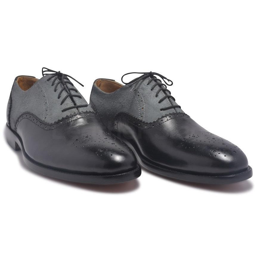 Men Black Gray Brogue Two Tone Genuine & Suede Leather Shoes - Leather Skin Shop Men Black Gray Brogue Two Tone Genuine & Suede Leather Shoes - Leather Skin Shop