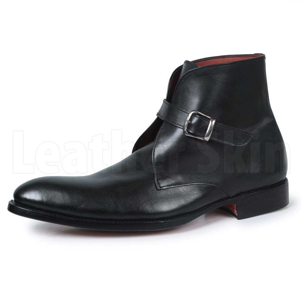 Men Black Handmade Genuine Leather Boots with Pointed Toe and Strap Men Black Handmade Genuine Leather Boots with Pointed Toe and Strap