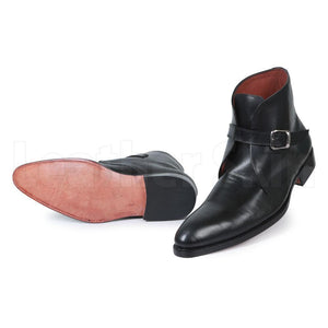 Men Black Handmade Genuine Leather Boots with Pointed Toe and Strap