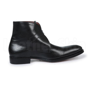 Men Black Handmade Genuine Leather Boots with Pointed Toe and Strap