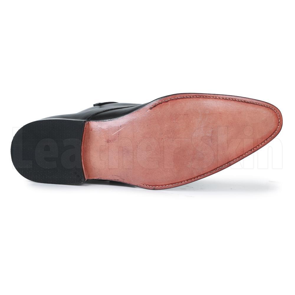Men Black Handmade Genuine Leather Boots with Pointed Toe and Strap - Leather Skin Shop Men Black Handmade Genuine Leather Boots with Pointed Toe and Strap - Leather Skin Shop