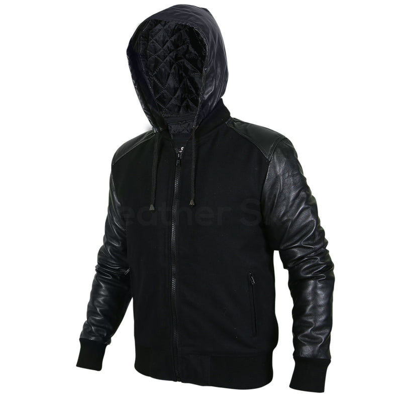 Home / Products / Men Black Hooded Jacket with Leather Sleeves