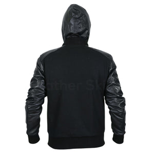 Men Black Hooded Jacket with Leather Sleeves
