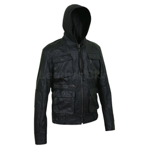 genuine leather jacket with hood for men