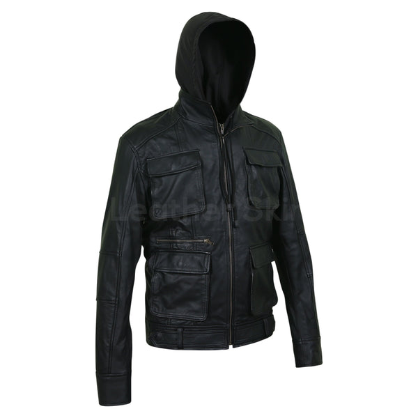 Leather Skin Men Black Fashion Hooded Premium Genuine Leather Jacket