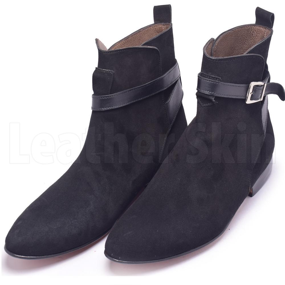 Men Black Jodhpurs Sude Leather Boots with Genuine Leather Handmade Straps