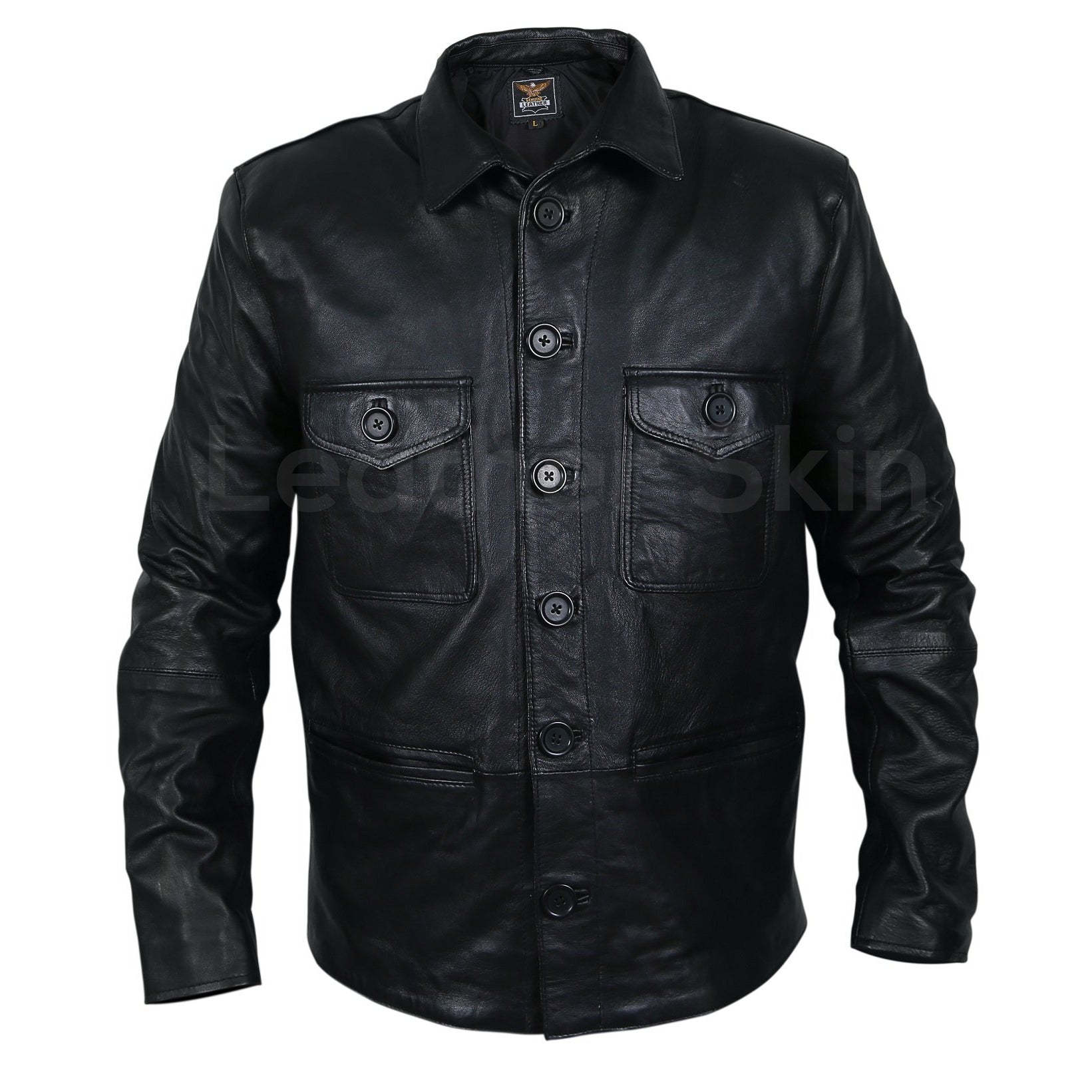 Home / Products / Men Black Leather Coat with button closure chest ...