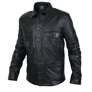 mens black leather coat with front buttons