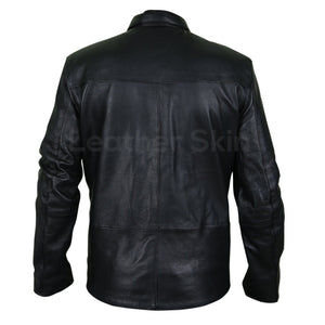 Men Black Leather Coat with button closure chest pockets and front