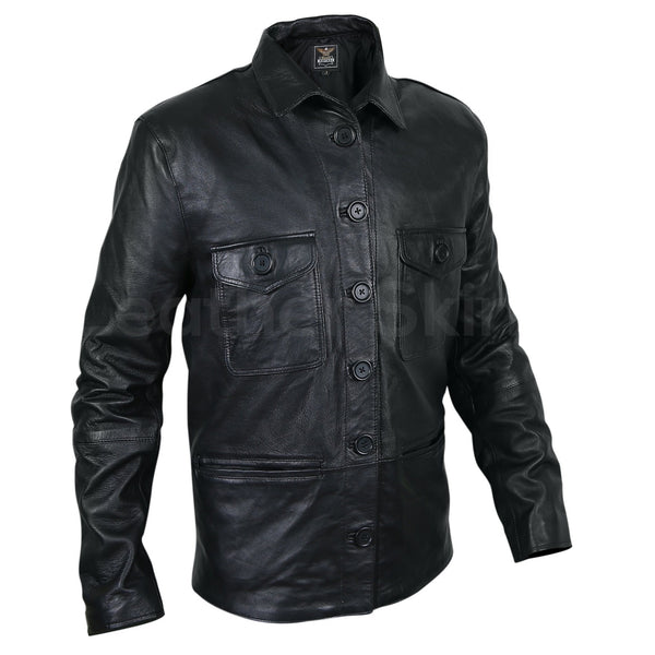 Men Black Leather Coat with button closure chest pockets and front