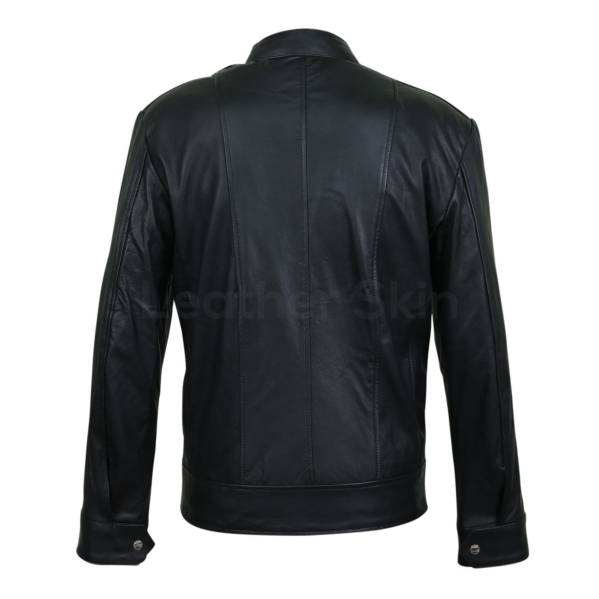 Men Black Leather Jacket with Vertical Stitching on Front