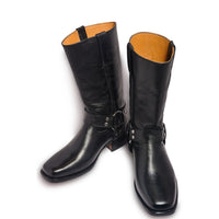 Home / Products / Men Black Leather Motorcycle Boots with Metal Hoops